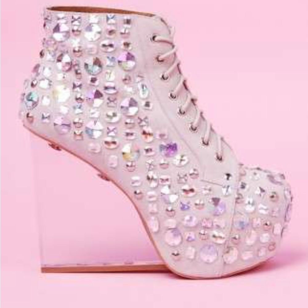 Embellished Pink Lace-Up Wedge Ankle Boots